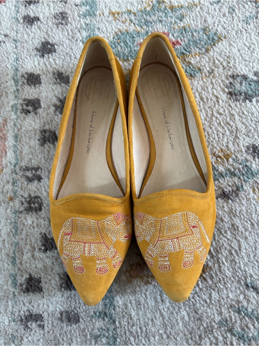 House of Harlow 1960 Mustard Yellow Suede Pointed Toe Flats with Beaded Elephant